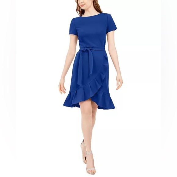 Calvin Klein Royal Blue Mini Dress Ruffle Belted Sheath Soze 6 6P Party Work NWT - Picture 13 of 13